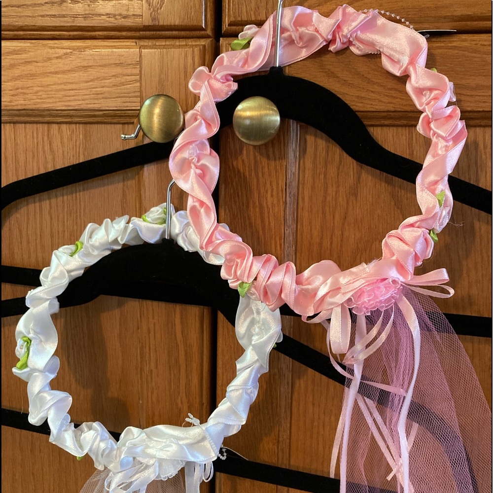Childrens faux satin floral crown with veil and ribbon. Pink #4 or White #2